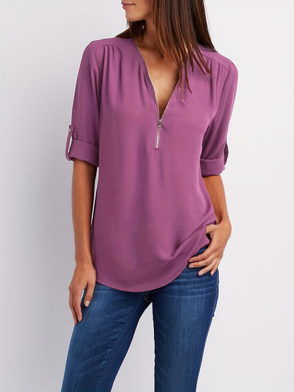 Effortless Chiffon Blouse for Women with V Neck Zip Front Roll Tab Sleeve Relaxed Style
