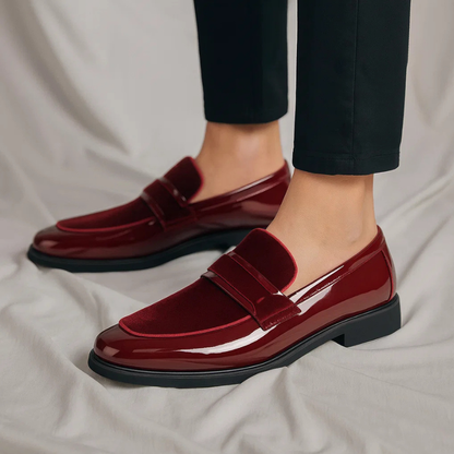 Elegant Velvet Patent Leather Loafer for Women with Pointed Toe Slip On Metallic Bar Formal Style