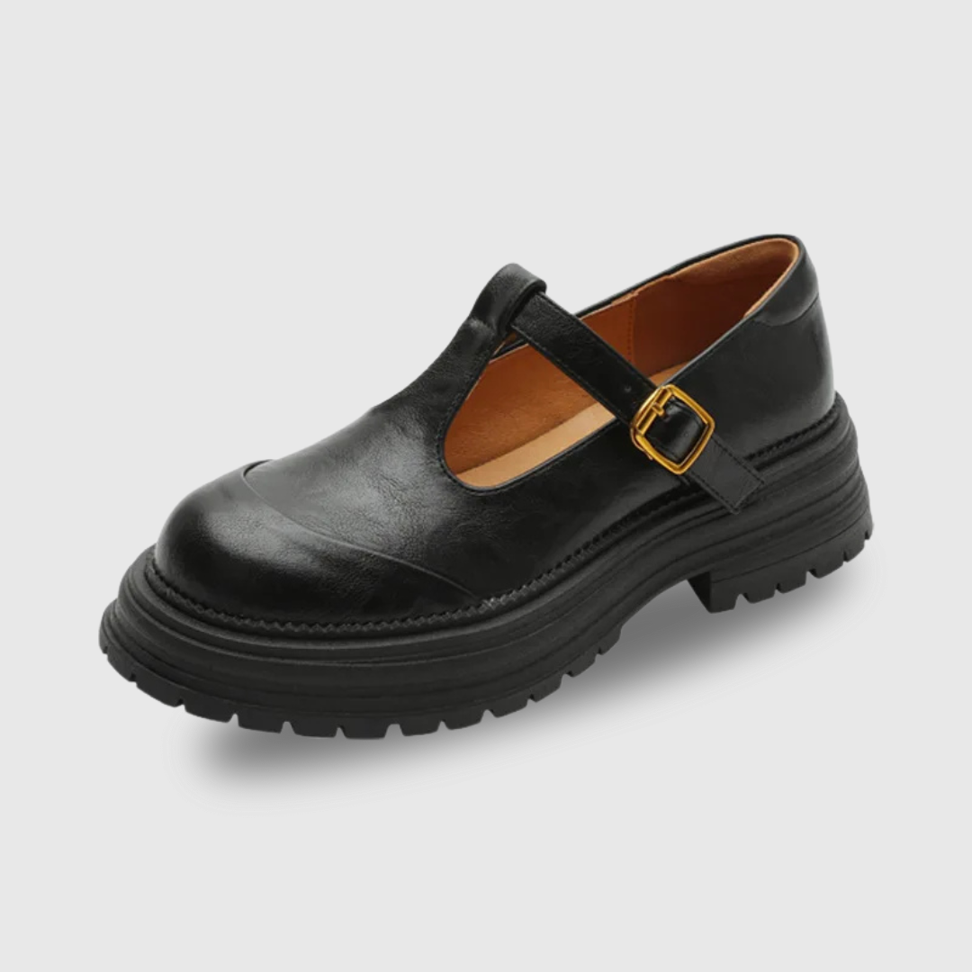 Stylish Leather Mary Jane Shoes for Women with T Strap Buckle Chunky Platform Style