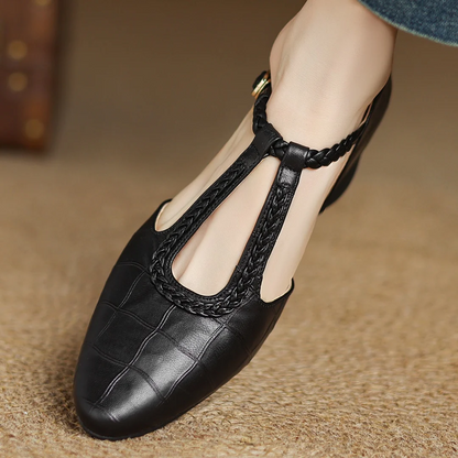 Elegant Croc Embossed T-Strap Flats for Women with Braided Strap Pointed Toe Block Heel Style