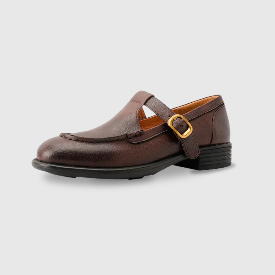 Elegant Leather Mary Jane Flat for Women with T Strap Buckle Round Toe Vintage Style