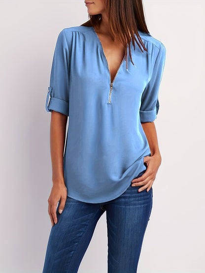 Effortless Chiffon Blouse for Women with V Neck Zip Front Roll Tab Sleeve Relaxed Style