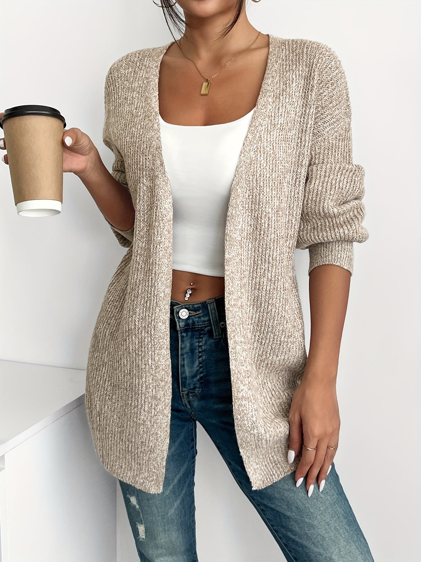 Comfortable Light Yellow Ribbed Cardigan for Women with Open Front Balloon Sleeve Oversized Knit Style