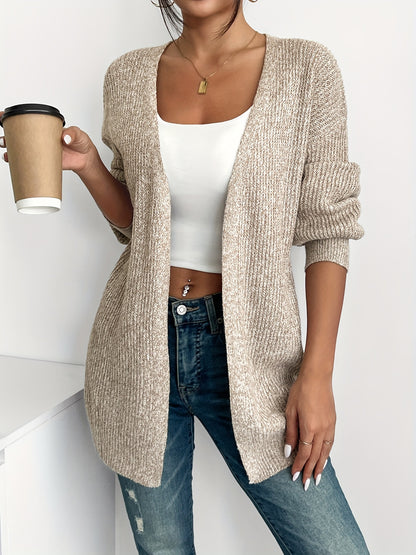 Comfortable Light Yellow Ribbed Cardigan for Women with Open Front Balloon Sleeve Oversized Knit Style