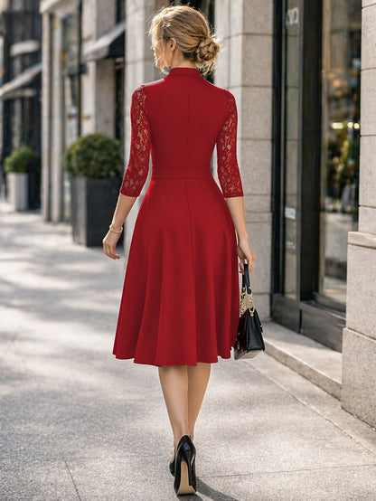 Elegant Lace Midi Dress for Women with V Neck Elbow Sleeve Fit and Flare Cocktail Style