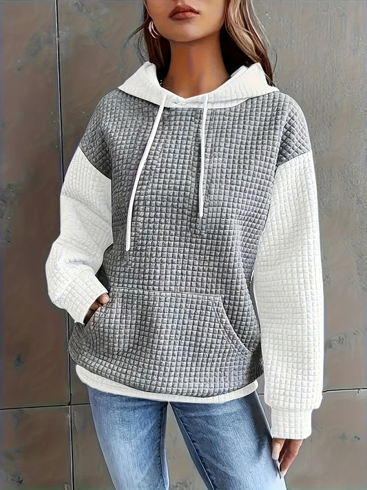 Comfortable Quilted Colorblock Hoodie for Women with Hooded Long Sleeve Kangaroo Pocket Oversized Knit Style