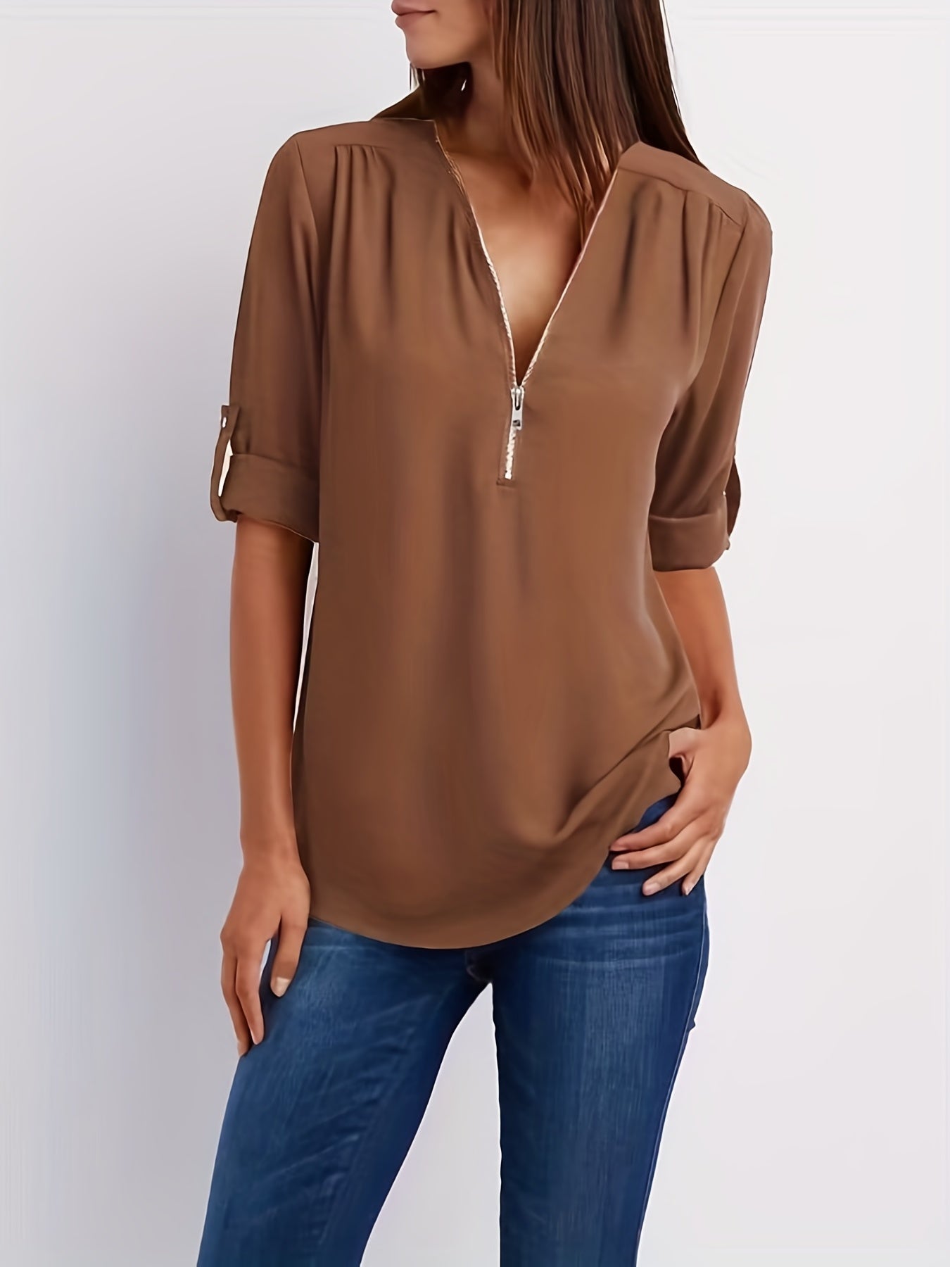 Effortless Chiffon Blouse for Women with V Neck Zip Front Roll Tab Sleeve Relaxed Style
