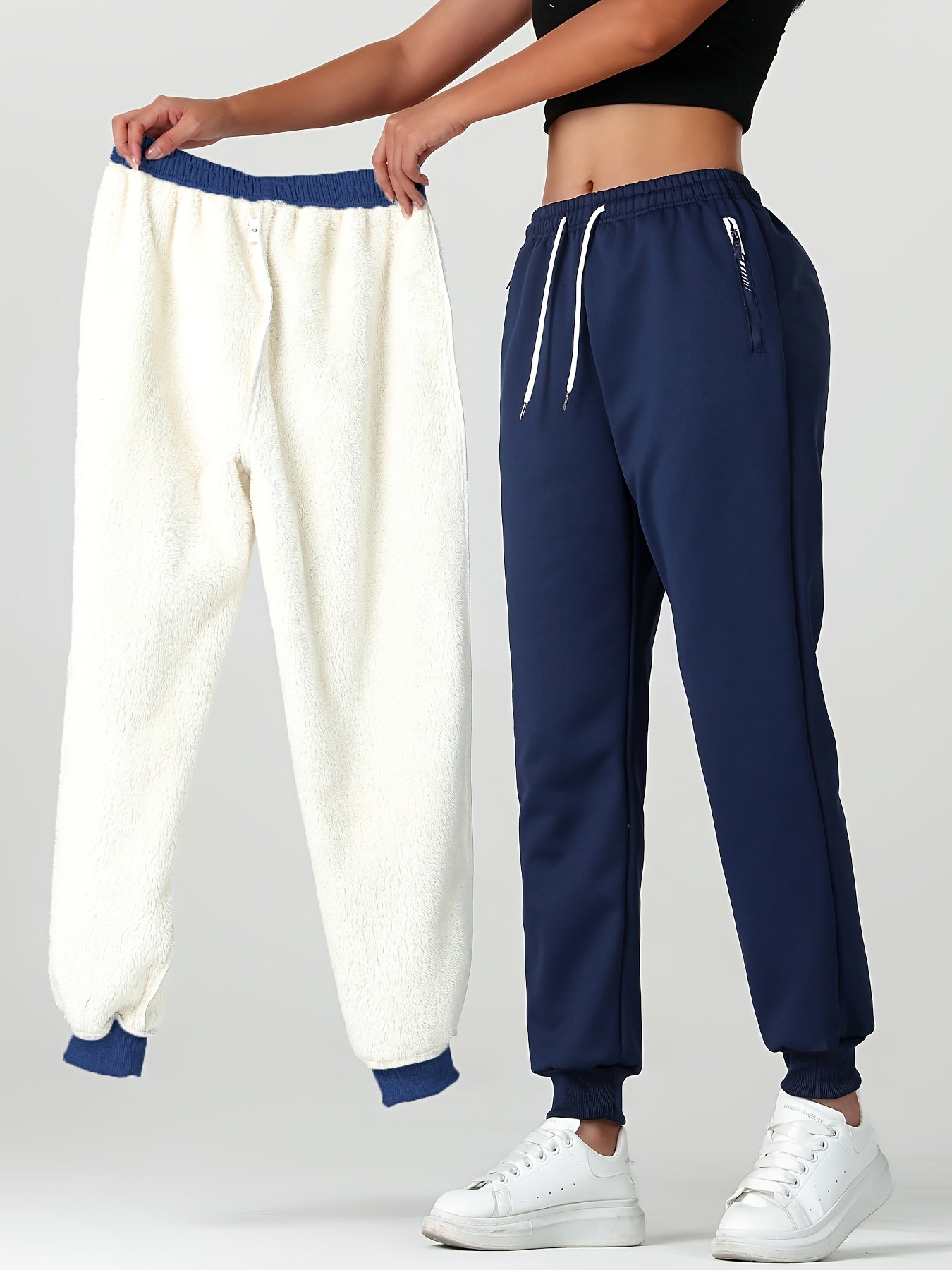 Comfortable Fleece Lined Jogger Sweatpants for Women with Elastic Waistband Drawstring Zip Pocket Relaxed Style