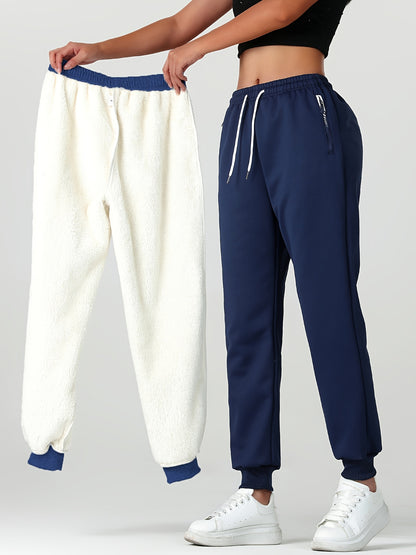 Comfortable Fleece Lined Jogger Sweatpants for Women with Elastic Waistband Drawstring Zip Pocket Relaxed Style