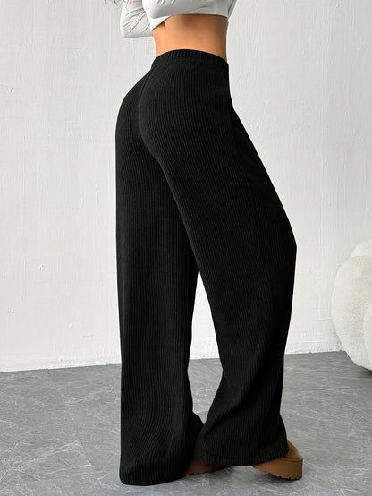 Effortless Ribbed Knit Wide Leg Pants for Women with High Waist Drawstring Relaxed Casual Style