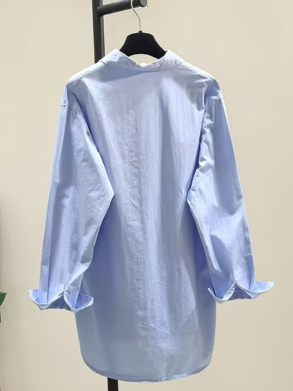 Effortless Oversized Blouse for Women with Point Collar Long Sleeve High Low Curved Hem Relaxed Style