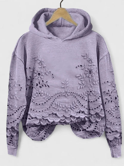Effortless Eyelet Embroidered Cropped Hoodie for Women with Hood Long Sleeve Scalloped High Low Hem Bohemian Style