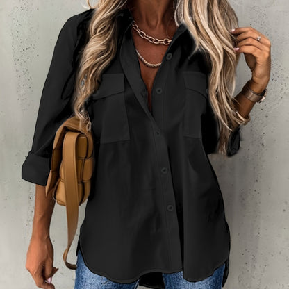 Effortless Utility Blouse for Women with Collar Long Sleeve Button Front Patch Pocket Relaxed Style