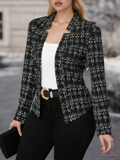 Elegant Plaid Tweed Blazer for Women with Lapel Collar Long Sleeve Open Front Cropped Casual Style