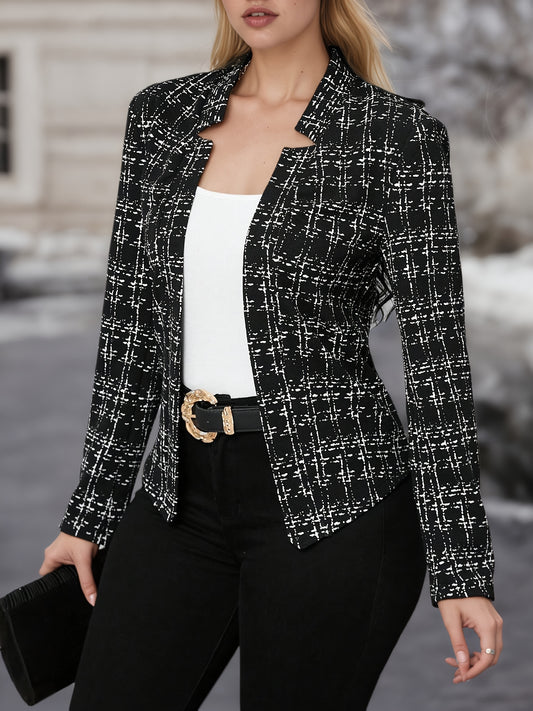 Elegant Plaid Tweed Blazer for Women with Lapel Collar Long Sleeve Open Front Cropped Casual Style