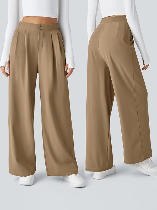 Effortless Khaki Wide Leg Pants for Women with High Waist Pleated Button Front Relaxed Style