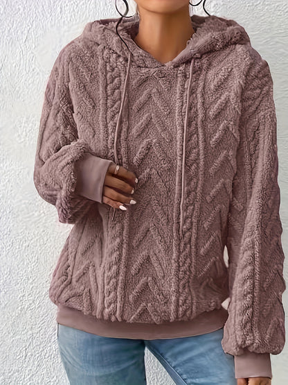 Comfortable Cable Knit Fleece Hoodie for Women with Drawstring Hood Long Sleeve Ribbed Cuff Oversized Style