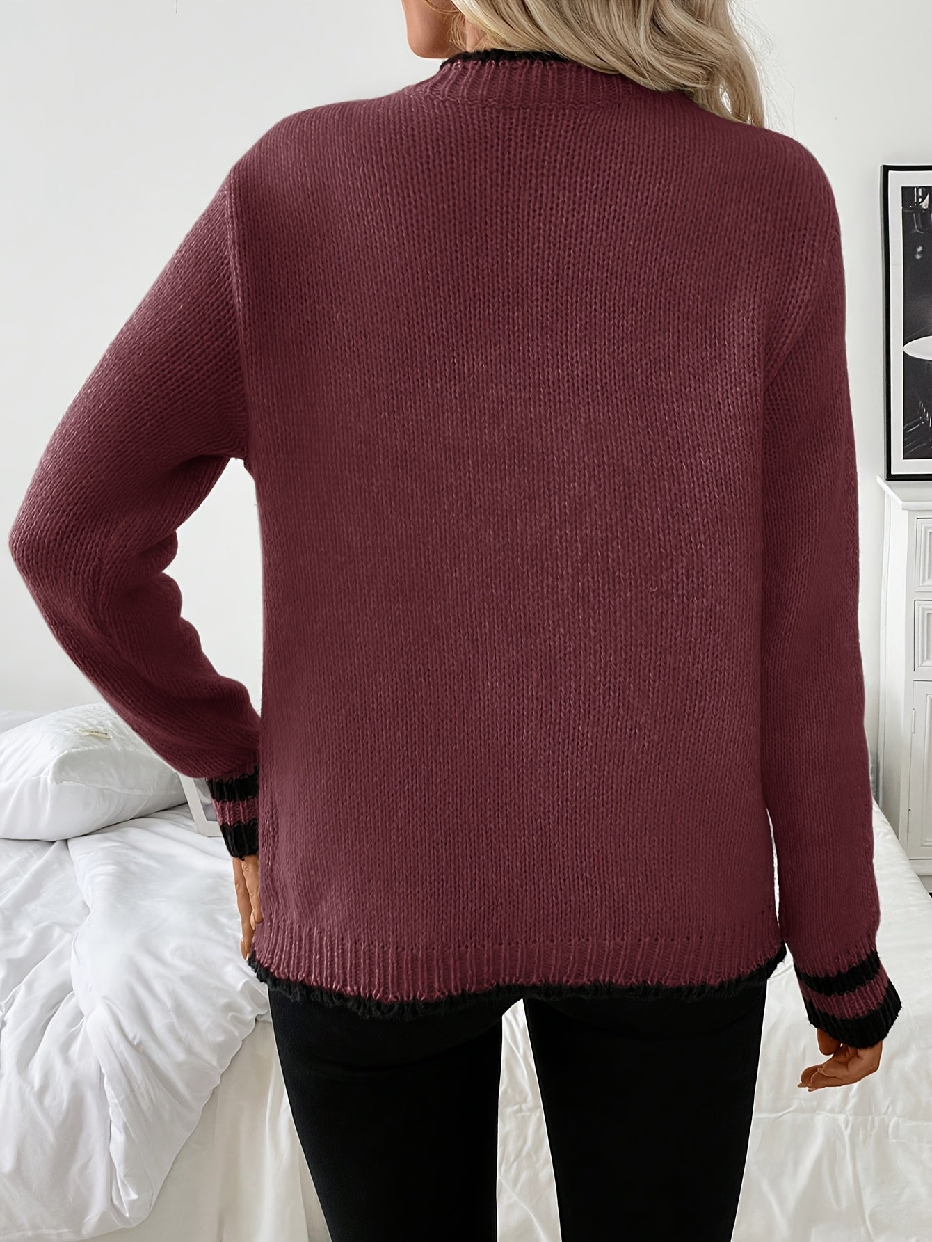 Comfortable Contrast Trim Cardigan Sweater for Women with V Neck Long Sleeve Button Front Knit Style