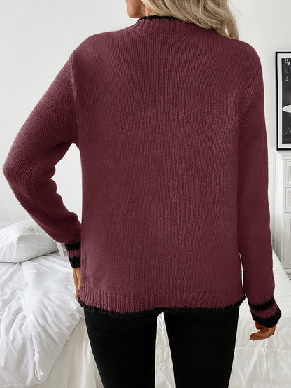 Comfortable Contrast Trim Cardigan Sweater for Women with V Neck Long Sleeve Button Front Knit Style