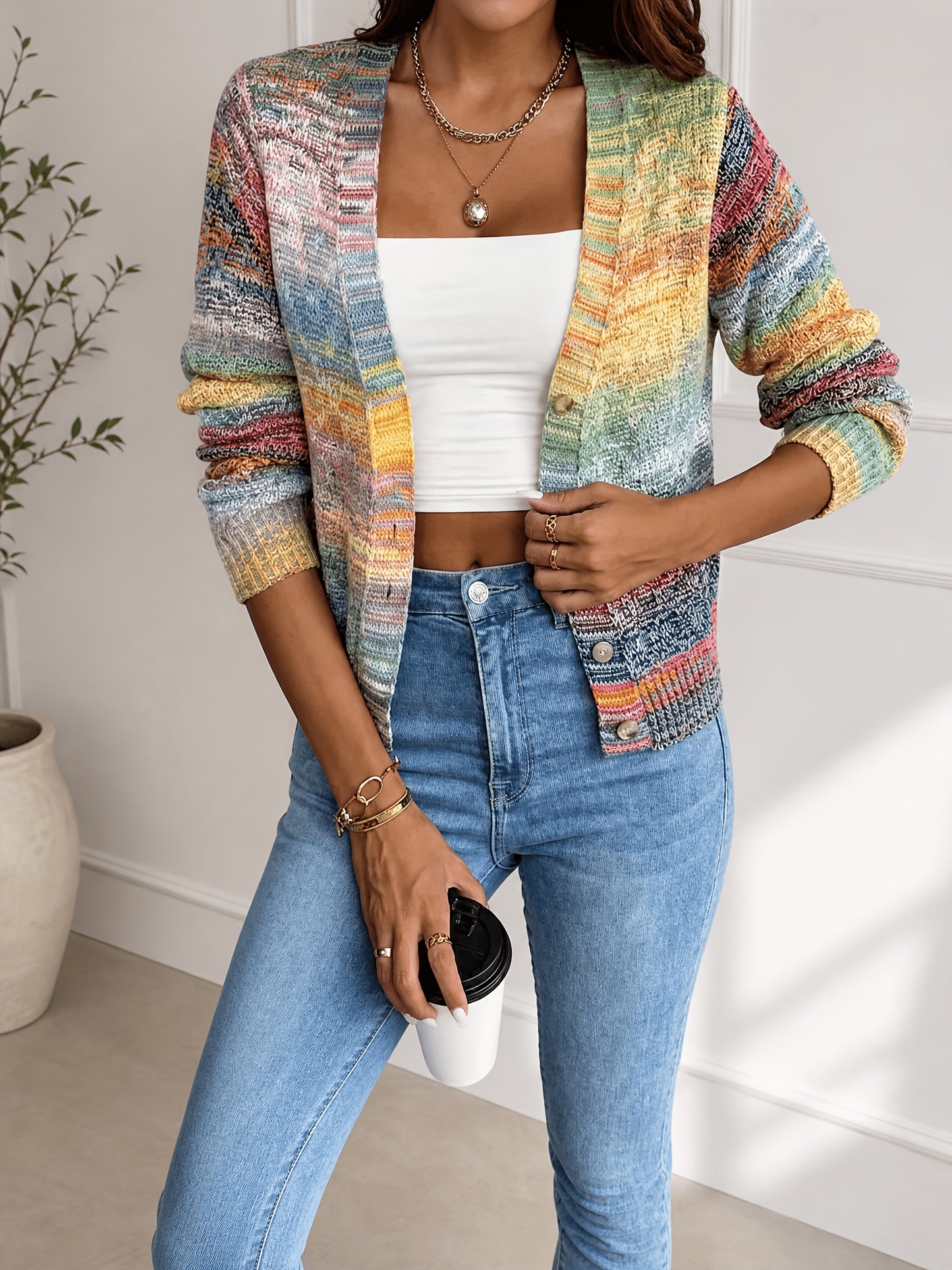 Comfortable Space Dye Cardigan Sweater for Women with V Neck Long Sleeve Button Front Cropped Knit Style