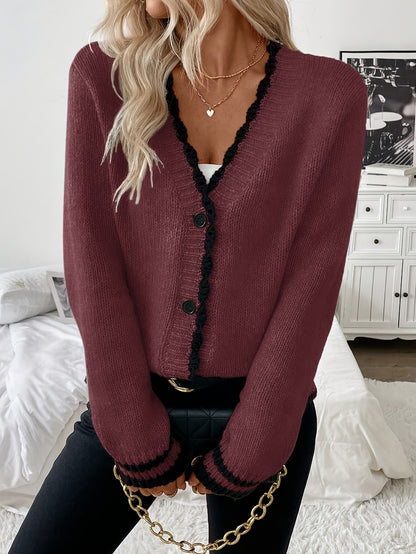 Comfortable Contrast Trim Cardigan Sweater for Women with V Neck Long Sleeve Button Front Knit Style