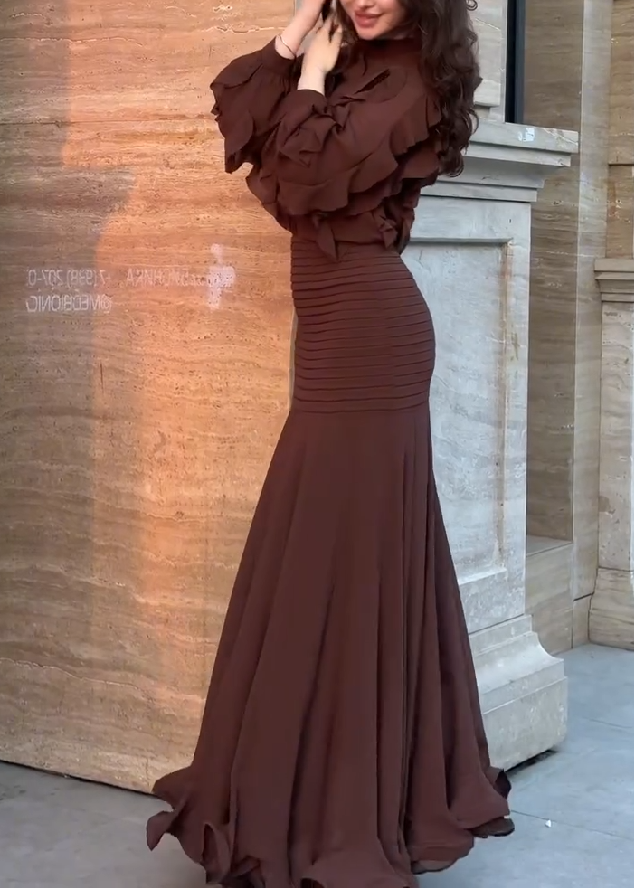 Elegant Brown Ruffle Maxi Dress for Women with High Neck Balloon Sleeve Mermaid Flowing Style