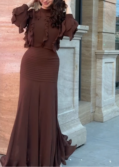 Elegant Brown Ruffle Maxi Dress for Women with High Neck Balloon Sleeve Mermaid Flowing Style