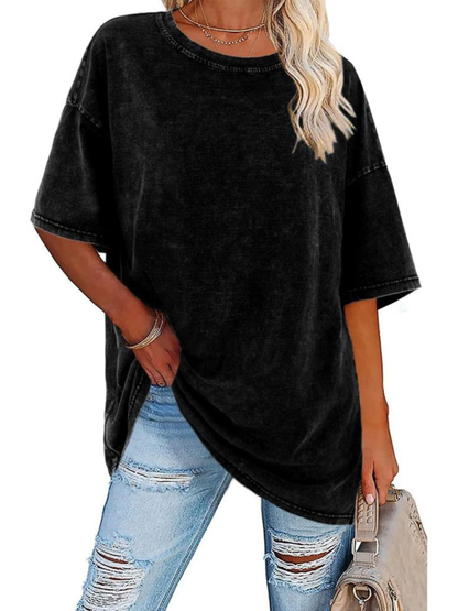 Comfortable Washed Cotton Tunic Top for Women with Crew Neck Short Sleeve Curved Hem Oversized Casual Style