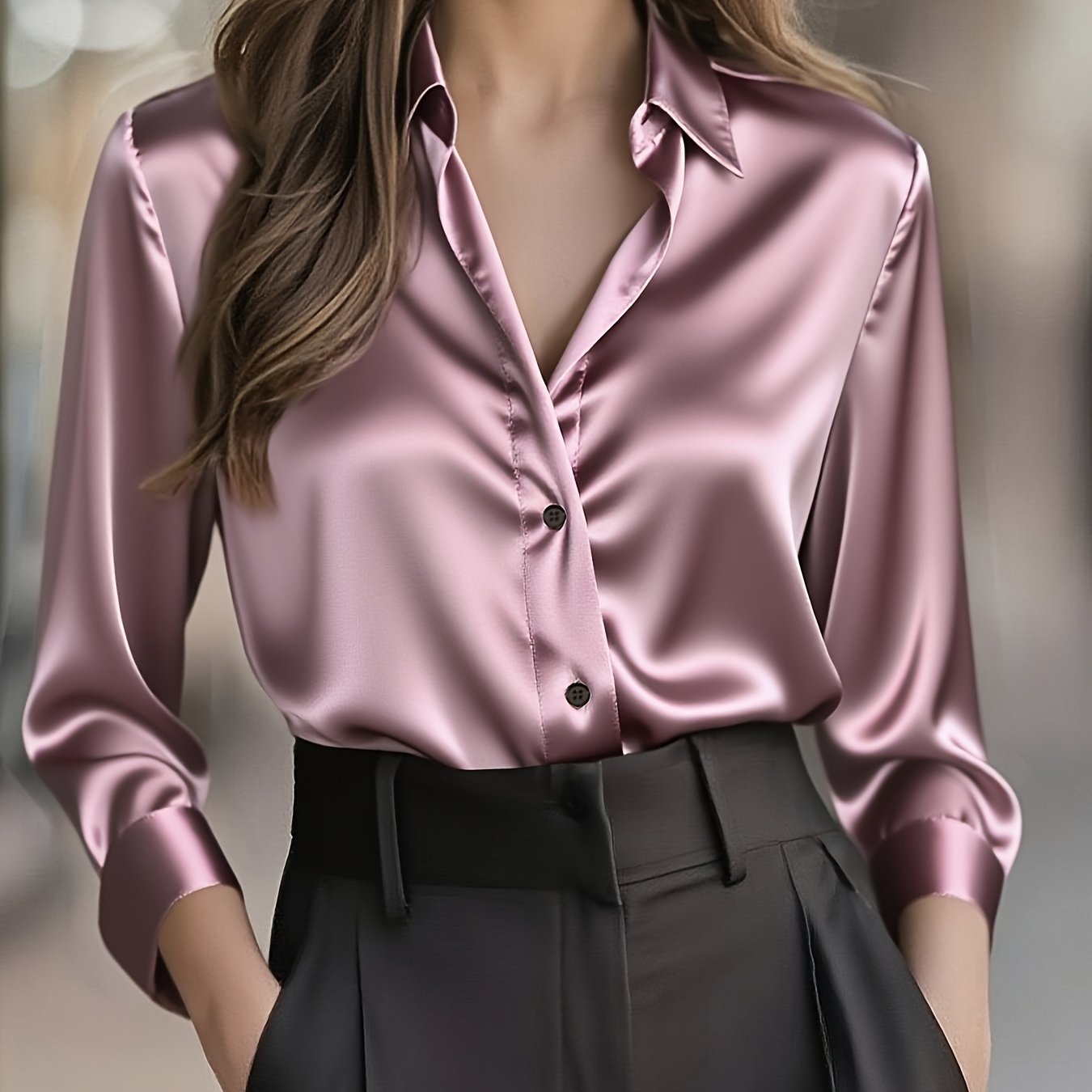 Elegant Satin Blouse for Women with Collar Long Sleeve Button Front Relaxed Silky Style
