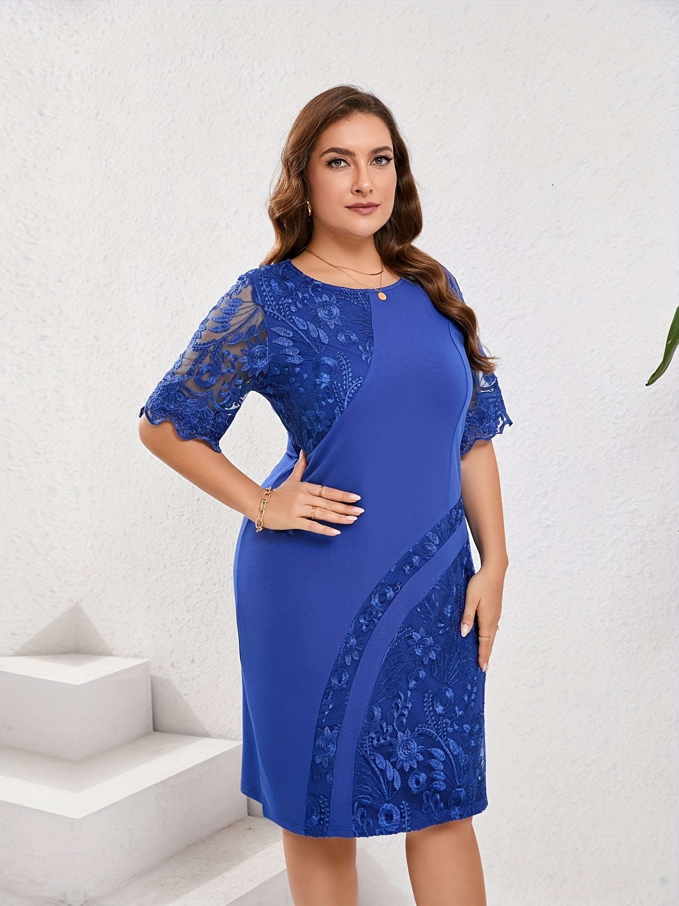 Elegant Floral Lace Bodycon Midi Dress for Women with Round Neck Half Sleeve Plus Size Formal Style
