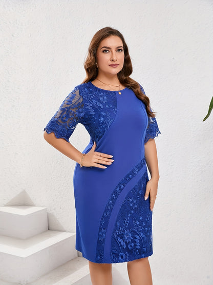 Elegant Floral Lace Bodycon Midi Dress for Women with Round Neck Half Sleeve Plus Size Formal Style