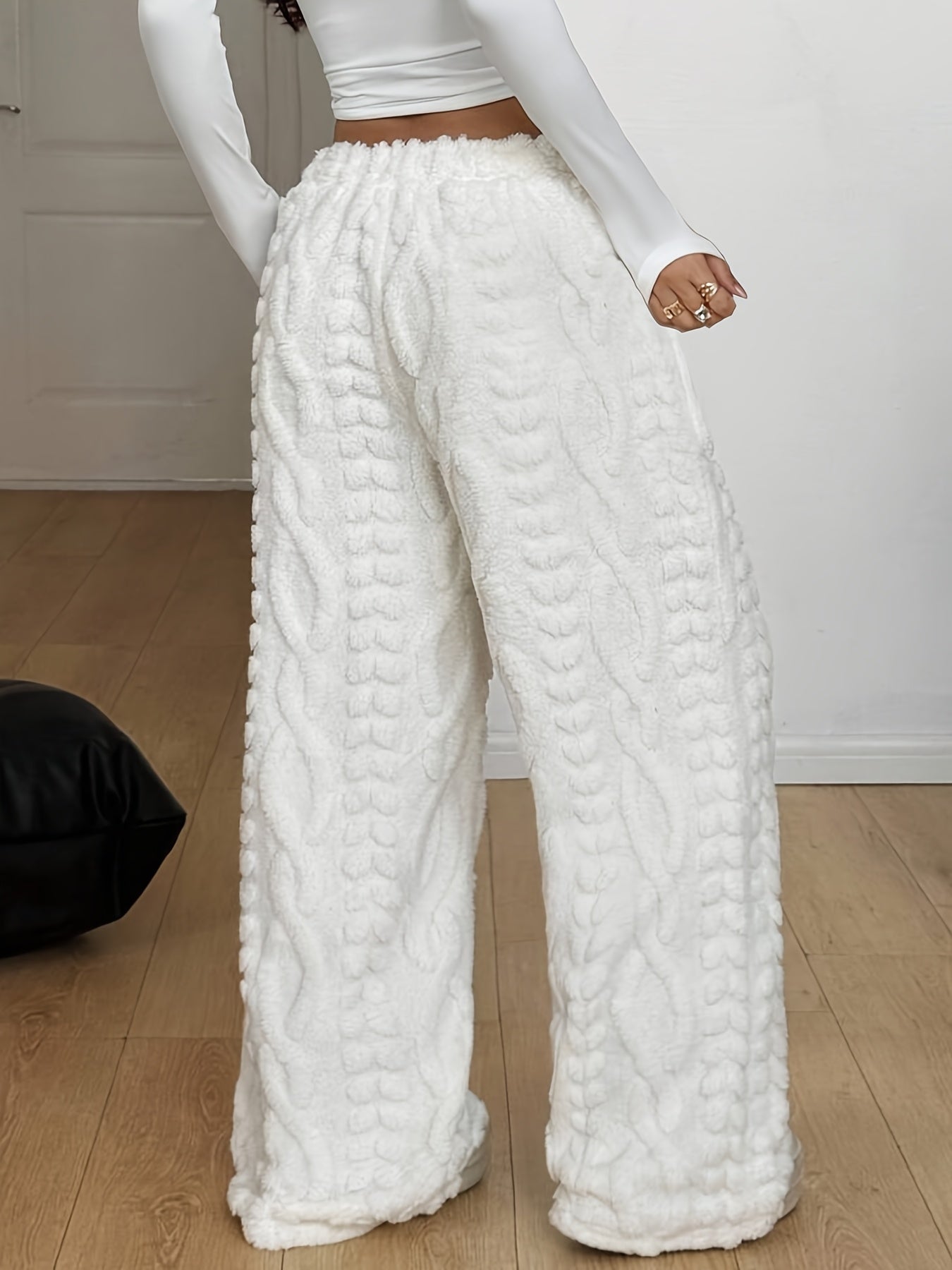 Comfortable White Cable Knit Fleece Pants for Women with High Waist Drawstring Wide Leg Relaxed Style