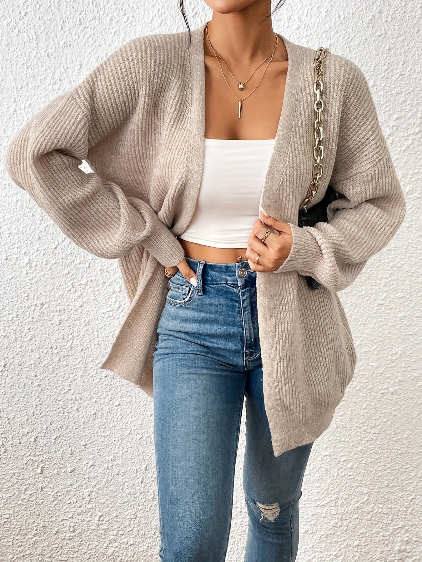Comfortable Light Yellow Ribbed Cardigan for Women with Open Front Balloon Sleeve Oversized Knit Style