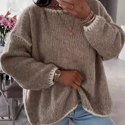 Comfortable Contrast Trim Sweater for Women with Crew Neck Long Sleeve Relaxed Oversized Knit Style