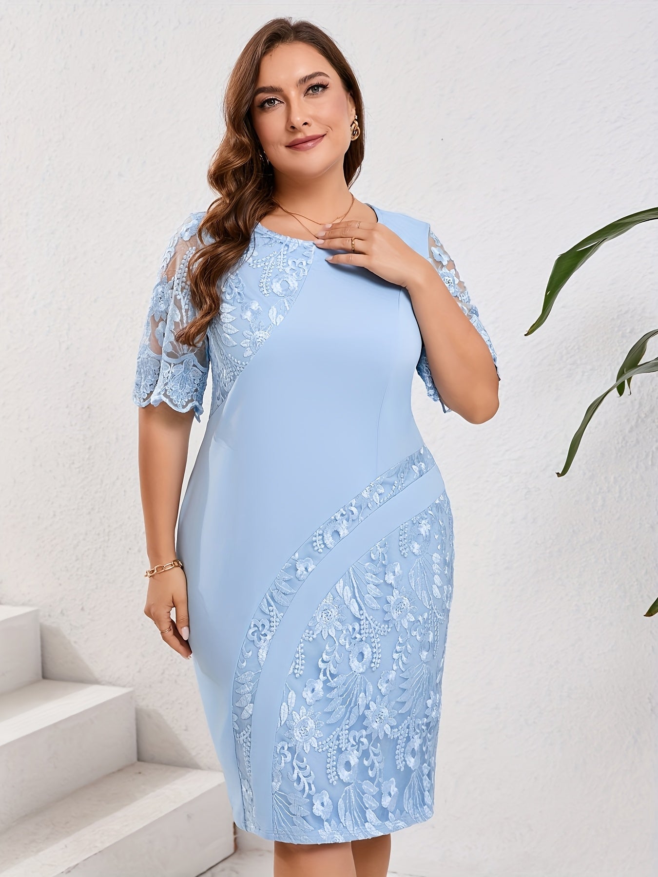 Elegant Floral Lace Bodycon Midi Dress for Women with Round Neck Half Sleeve Plus Size Formal Style