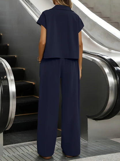 Effortless Wide Leg Set for Women with Collar Short Sleeve Utility Jacket Two Piece Style