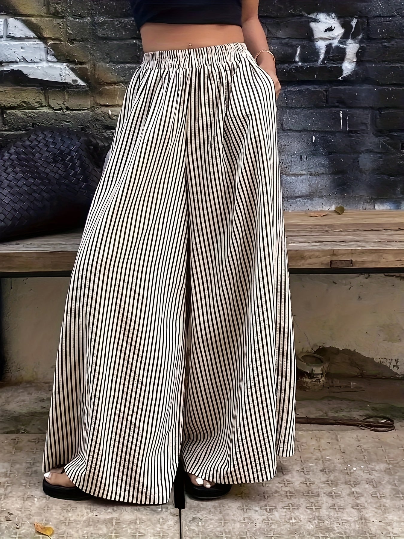 Effortless Apricot Striped Wide Leg Pants for Women with High Waist Flowing Palazzo Casual Style