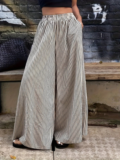 Effortless Apricot Striped Wide Leg Pants for Women with High Waist Flowing Palazzo Casual Style
