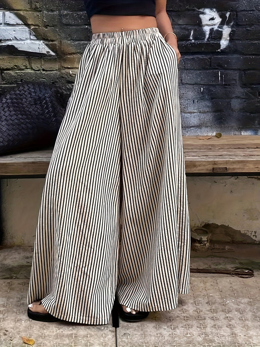 Effortless Apricot Striped Wide Leg Pants for Women with High Waist Flowing Palazzo Casual Style
