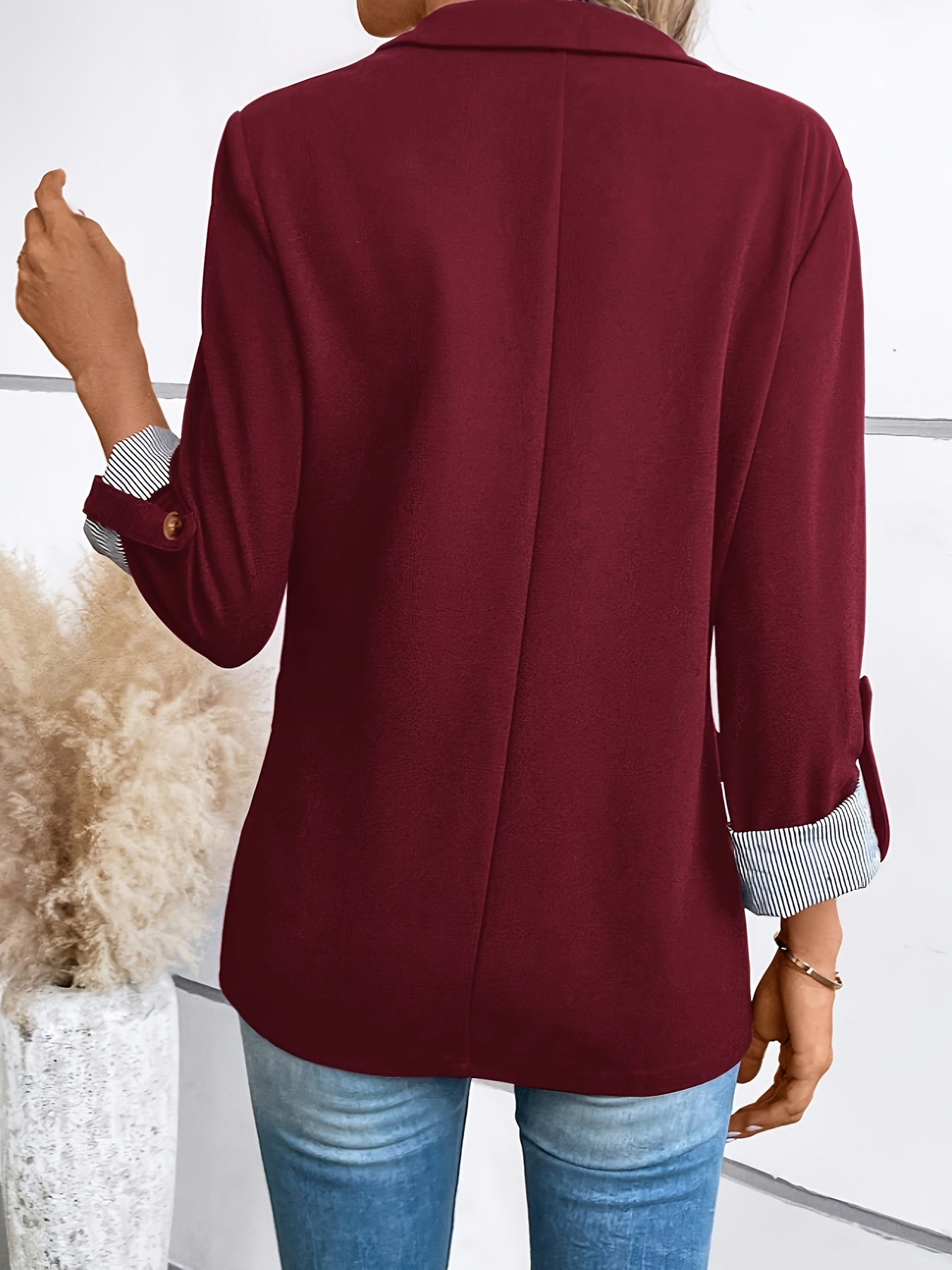 Elegant Blazer Jacket for Women with Notch Lapel Roll Tab Sleeve Striped Cuff Relaxed Style