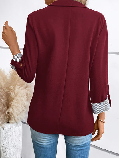 Elegant Blazer Jacket for Women with Notch Lapel Roll Tab Sleeve Striped Cuff Relaxed Style