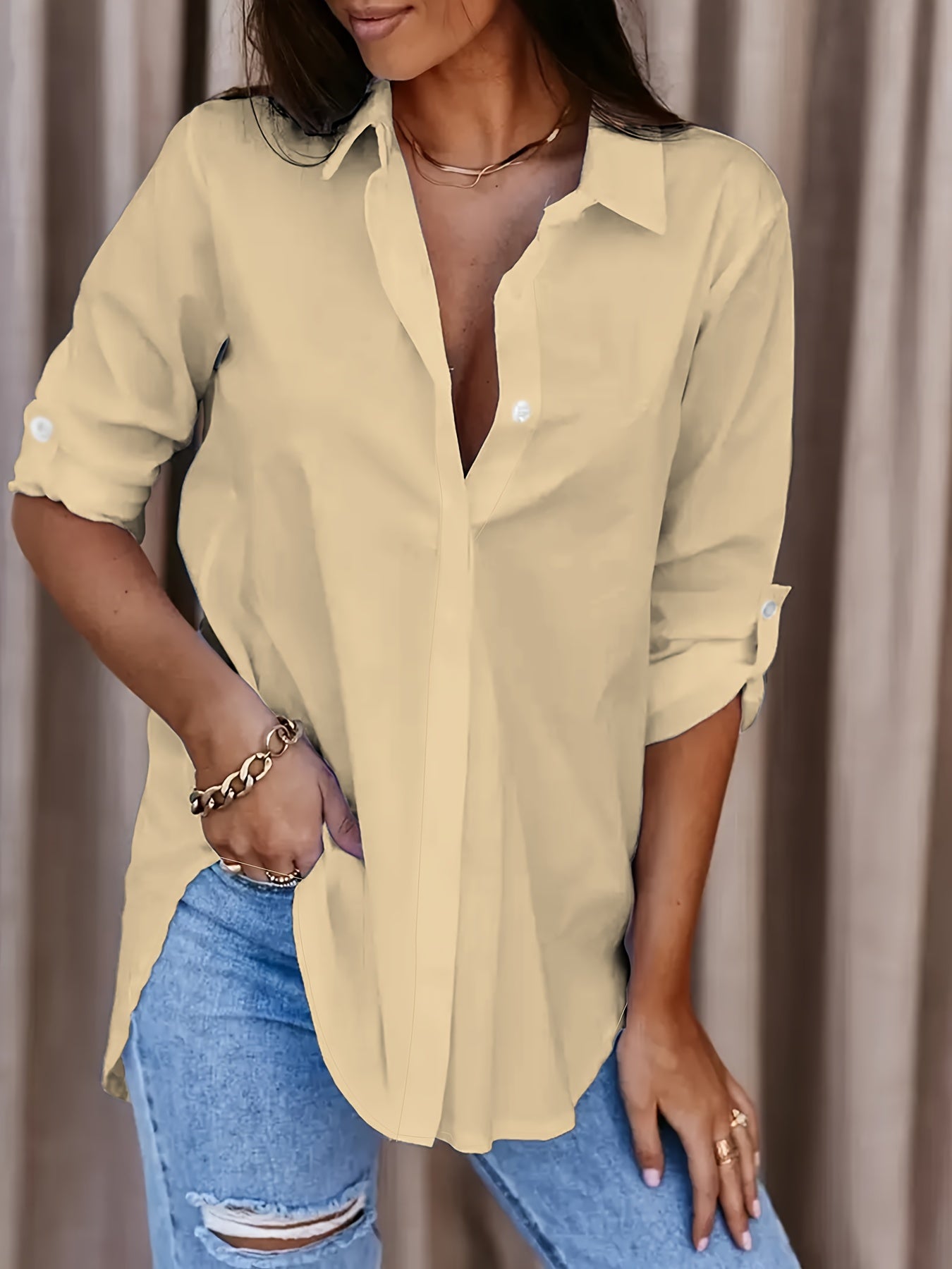Effortless Blouse for Women with Collar Long Sleeve Button Front Relaxed Oversized Style