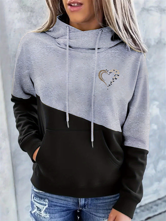 Comfortable Colorblock Hoodie for Women with Cowl Neck Long Sleeve Drawstring Kangaroo Pocket Oversized Knit Style