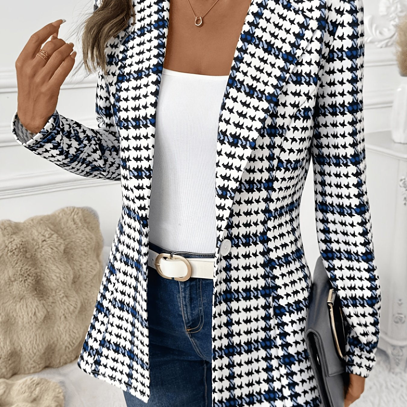 Elegant Navy Houndstooth Blazer for Women with Notch Lapel Long Sleeve Open Front Tailored Style