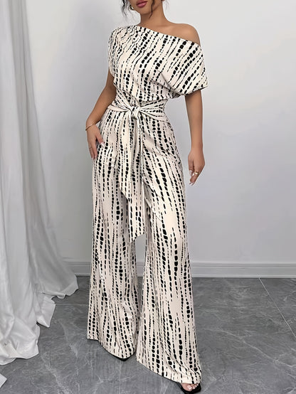 Elegant Apricot Abstract Print Jumpsuit for Women with One Shoulder Short Sleeve Belted Wide Leg Style