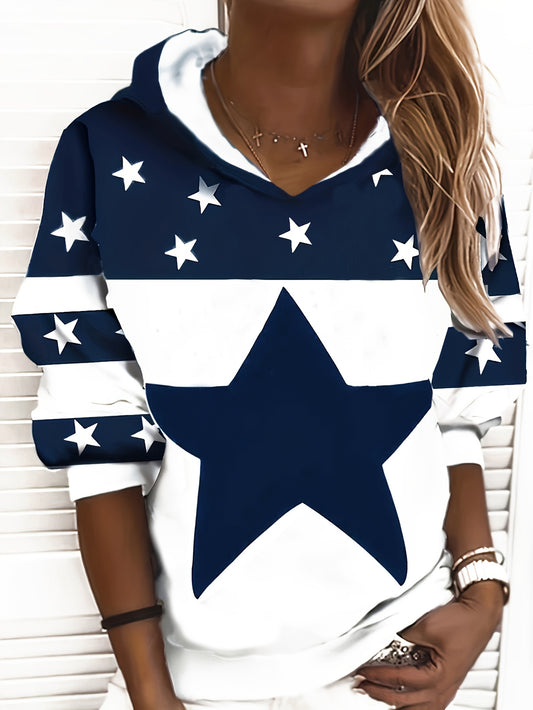 Comfortable Navy Star Print Hoodie for Women with Drawstring Hood Long Sleeve Color Block Oversized Knit Style