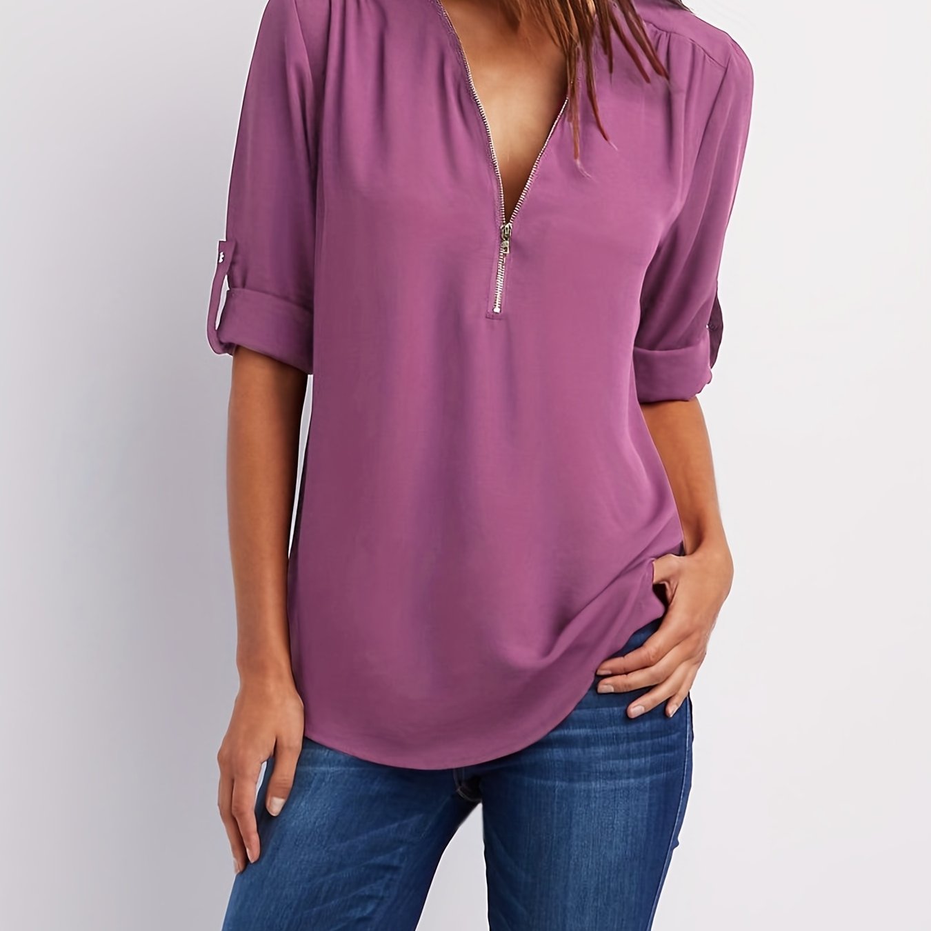 Effortless Chiffon Blouse for Women with V Neck Zip Front Roll Tab Sleeve Relaxed Style