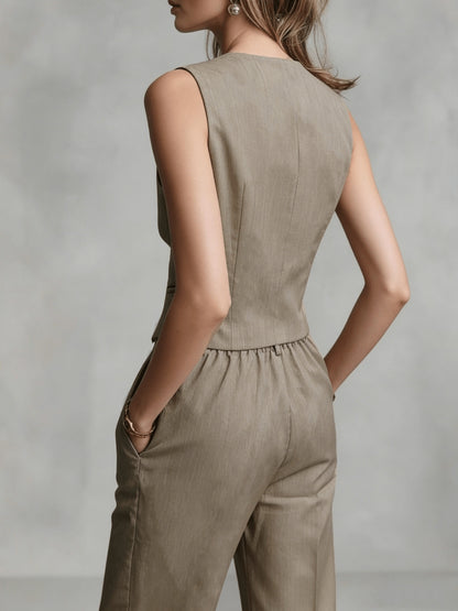 Elegant Coffee Brown Three Piece Set for Women with Button Front Vest Sheer Blouse Wide Leg Pant Casual Style