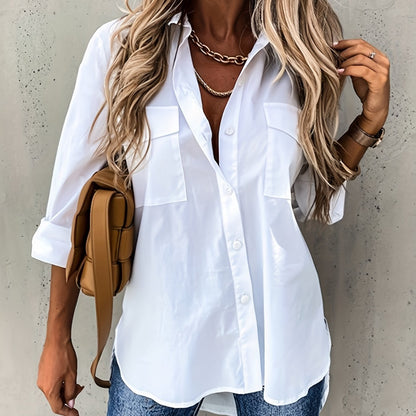 Effortless Utility Blouse for Women with Collar Long Sleeve Button Front Patch Pocket Relaxed Style