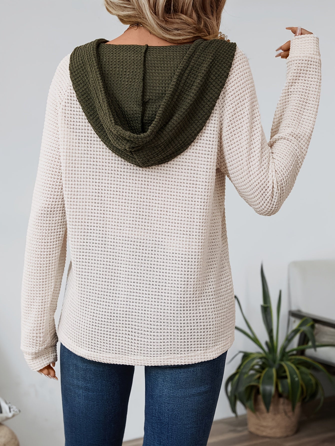 Effortless Waffle Knit Hoodie for Women with Drawstring Hood Long Sleeve Button Placket Relaxed Style